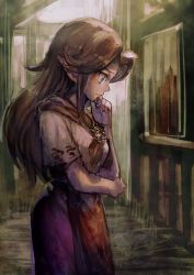 Rule 34 | 1girl, aoki (fumomo), blue eyes, bowser, breasts, brown hair, head rest, cremia, long hair, long skirt, neckerchief, nintendo, aged up, pointy ears, skirt, skirt set, solo, the legend of zelda, the legend of zelda: majora&#039;s mask