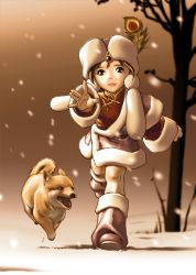 Rule 34 | 1other, brown eyes, brown hair, chinese clothes, dog, full body, geister, hat, original, outdoors, outstretched arm, outstretched hand, plant, reaching, running, short hair, snow, solo, tree