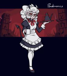 Rule 34 | 1girl, alternate costume, apron, black dress, black footwear, black horns, character name, commentary, cup, demon girl, demon horns, dress, enmaided, frilled dress, frills, frown, full body, glasses, helltaker, holding, holding tray, horns, long hair, looking at viewer, maid, maid apron, mateus upd, mug, pandemonica (helltaker), pantyhose, ponytail, puffy sleeves, red eyes, red neckwear, red ribbon, ribbon, shoes, solo, teacup, tray, white apron, white hair, white pantyhose