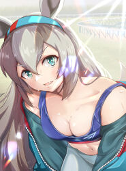Rule 34 | 1girl, animal ears, aqua hairband, bare shoulders, blue eyes, blue jacket, blue sports bra, breasts, cleavage, commentary request, fang, grey hair, hair between eyes, hairband, highres, horse ears, horse girl, jacket, jacket partially removed, leaning forward, lens flare, long hair, looking at viewer, mashiroshiro, midriff, navel, open clothes, open jacket, open mouth, outdoors, racetrack, skin fang, small breasts, solo, sports bra, strap slip, tamamo cross (umamusume), umamusume