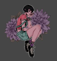 Rule 34 | 1girl, absurdres, anklet, bandaid, bandaid on arm, black footwear, black hair, blue eyes, commentary, crop top, doodlebozo, english commentary, flower, from side, full body, green overalls, green shorts, grey background, hand to own mouth, highres, jewelry, leaf, legs together, looking at viewer, midriff, original, overalls, pink shirt, purple flower, purple socks, shirt, short hair, shorts, simple background, sitting, socks, solo