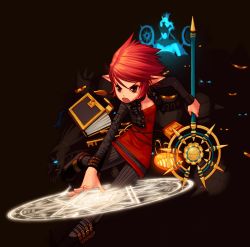 Rule 34 | 00s, 1girl, book, boots, dress, dungeon and fighter, female focus, full body, jacket, key, keyring, mage (dungeon and fighter), magic circle, monster, open mouth, pants, solo, staff, summoner