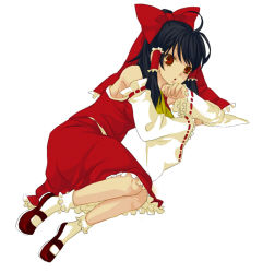 Rule 34 | 1girl, :o, black hair, blush, bobby socks, bow, detached sleeves, dress, female focus, hair bow, hakurei reimu, long sleeves, mary janes, parted lips, ponytail, red bow, red dress, red eyes, red footwear, ribbon-trimmed sleeves, ribbon trim, shoes, short hair, socks, solo, tareme, touhou, white socks
