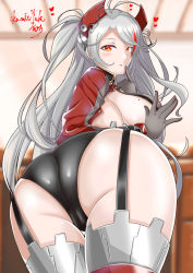 Rule 34 | 1girl, antenna hair, artist name, ass, ass focus, azur lane, blush, breasts, commentary request, garter straps, gloves, grey gloves, heart, indoors, kamitsuki shion, large breasts, long hair, looking at viewer, looking back, mole, mole on breast, multicolored hair, orange eyes, panties, prinz eugen (azur lane), sideboob, silver hair, solo, streaked hair, thigh gap, thighs, tongue, tongue out, underwear