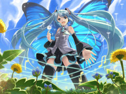 Rule 34 | 1girl, blue eyes, blue hair, butterfly wings, dandelion, flower, hatsune miku, insect wings, k2pudding, matching hair/eyes, musical note, solo, thighhighs, twintails, upskirt, vocaloid, wings, zettai ryouiki