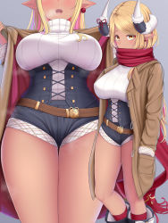 Rule 34 | 1girl, absurdres, bare legs, belt, black footwear, blonde hair, blush, boots, breasts, coat, corset, dark-skinned female, dark skin, draph, earrings, granblue fantasy, hand in pocket, highres, horn ornament, horns, jewelry, kumbhira (granblue fantasy), large breasts, lips, long hair, long sleeves, looking at viewer, melopun, open mouth, pointy ears, red legwear, red scarf, ribbed sweater, scarf, short shorts, shorts, simple background, single earring, sweater, thick thighs, thighs, turtleneck, turtleneck sweater, white sweater, yellow eyes
