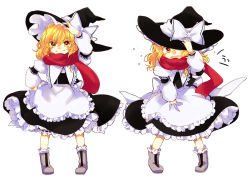 Rule 34 | 1girl, adapted costume, apron, black dress, blonde hair, bow, dress, hat, hat bow, hat tug, highres, juliet sleeves, kirisame marisa, long sleeves, looking at viewer, messy hair, open mouth, perfect cherry blossom, poprication, puffy sleeves, scarf, shy, simple background, smile, solo, touhou, v-shaped eyebrows, waist apron, wavy hair, white background, witch hat, yellow eyes