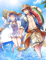 Rule 34 | :d, ^ ^, bare shoulders, beach, blue shirt, blue sky, braid, closed eyes, day, dutch angle, closed eyes, facing viewer, feet out of frame, flower, gran (granblue fantasy), gran (summer) (granblue fantasy), granblue fantasy, hair flower, hair ornament, hat, holding hands, kingyo 114, looking at another, lyria (daughter of pearl) (granblue fantasy), lyria (granblue fantasy), one-piece swimsuit, open mouth, palm tree, sandals, shirt, sky, smile, straw hat, swimsuit, tree, twin braids, visor cap, wading