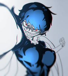 Rule 34 | 1girl, black hair, breasts, chromatic aberration, covered erect nipples, evil grin, evil smile, female focus, gradient background, grin, houjuu nue, incoming attack, incoming punch, large breasts, looking at viewer, monochrome, pointy ears, pov, punching, red eyes, sharp teeth, short hair, smile, solo, spacezin, teeth, touhou, wings