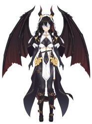 Rule 34 | 1girl, absurdres, arms at sides, belt, black gloves, black hair, breasts, covered navel, cross, cross-laced footwear, demon girl, demon horns, demon tail, demon wings, eye mask, full body, gloves, gradient hair, highres, horns, medium breasts, multicolored hair, original, pelvic curtain, pointy ears, red hair, sakuya miu1186400038, smile, solo, standing, straight-on, tail, two-tone hair, white background, wings