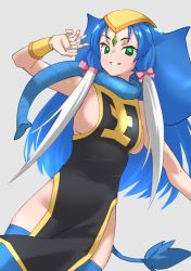 Rule 34 | 1girl, absurdres, animal ears, black dress, blue hair, blue thighhighs, bow, character request, china dress, chinese clothes, commentary request, dress, elephant ears, elephant tail, green eyes, grey background, hair bow, highres, kemono friends, long hair, looking at viewer, multicolored hair, parted lips, personification, pink bow, scarf, side slit, simple background, sleeveless, sleeveless dress, smile, solo, tanabe (fueisei), thighhighs, two-tone hair, white hair