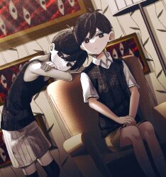 Rule 34 | 2boys, armchair, bare shoulders, bent over, black eyes, black hair, black shirt, black tank top, black thighhighs, black vest, bright pupils, chair, closed mouth, collared shirt, commentary request, dutch angle, expressionless, feet out of frame, grey shorts, hair between eyes, highres, lamp, light rays, looking at viewer, looking to the side, male focus, multiple boys, omori, omori (omori), on chair, picture frame, shirt, short hair, short sleeves, shorts, sitting, sleeveless, sleeveless shirt, socks, standing, sunny (omori), tank top, thighhighs, vest, white pupils, white shirt, white socks, wing collar, yutsu