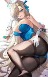 Rule 34 | 1girl, absurdres, animal ears, ass, asuna (blue archive), asuna (bunny) (blue archive), blonde hair, blue archive, blue eyes, blue leotard, bnari, breasts, card, commentary, gloves, grin, hair over one eye, halo, highres, large breasts, leotard, long hair, lying, on side, pantyhose, playboy bunny, playing card, poker chip, rabbit ears, rabbit tail, smile, solo, tail, very long hair, white gloves