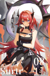 Rule 34 | 1girl, absurdres, arknights, bai shiro@, bare arms, bare shoulders, black dress, black thighhighs, breasts, chain, character name, cleavage, commentary, cowboy shot, dress, hair intakes, highres, horns, long hair, looking at viewer, medium breasts, purple eyes, red hair, sleeveless, sleeveless dress, solo, standing, surtr (arknights), thighhighs, very long hair, wristband, zettai ryouiki
