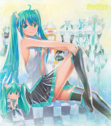 Rule 34 | 1girl, ahoge, artist name, boots, chibi, goodsmile company, green eyes, green hair, hatsune miku, high heels, long hair, mayo riyo, necktie, open clothes, open shirt, shirt, shoes, sitting, skirt, thigh boots, thighhighs, traditional media, twintails, very long hair, vocaloid