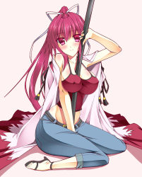 Rule 34 | 1girl, between breasts, blush, breasts, cape, covered erect nipples, hoshi (ho4 no), huge weapon, katana, large breasts, long hair, ootachi, pants, pants rolled up, ponytail, purple eyes, purple hair, sandals, sitting, solo, sword, tank top, under night in-birth, v arms, wariza, weapon, yuzuriha (under night in-birth)
