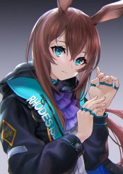 Rule 34 | 1girl, amiya (arknights), animal ears, arknights, ascot, black jacket, blue eyes, blush, brown hair, deca purio, frilled ascot, frills, hair between eyes, highres, jacket, jewelry, long hair, open clothes, open jacket, rabbit ears, smile, solo