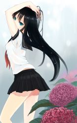 Rule 34 | 1girl, adjusting hair, aqua eyes, arched back, arms up, bad id, bad pixiv id, black hair, black skirt, breasts, covering face, covering own mouth, covering privates, flower, from side, hands in hair, highres, hydrangea, kurasawa moko, legs, long hair, looking at viewer, looking back, original, pleated skirt, school uniform, serafuku, short sleeves, skirt, small breasts, solo, tsurime, wet, wet clothes