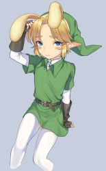 Rule 34 | 1boy, animal ears, blonde hair, blue eyes, blush stickers, brown gloves, bunny hood (zelda), commentary request, earrings, gloves, green headwear, green shirt, grey background, jewelry, link, looking at viewer, male focus, meimone, nintendo, pointy ears, rabbit ears, shirt, simple background, solo, sweatdrop, the legend of zelda, thighhighs, white shirt, white thighhighs