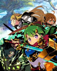 Rule 34 | 1boy, 3girls, absurdres, ahoge, alchemist (sekaiju), armor, aura, blonde hair, blue eyes, bright pupils, cape, commentary request, etrian odyssey, fingerless gloves, gauntlets, gloves, gold trim, green eyes, green hair, hair ornament, hairclip, hero (sekaiju), highres, himukai yuuji, holding, holding shield, holding sword, holding weapon, long hair, medic (sekaiju), multiple girls, official art, orange hair, paladin (sekaiju), paladin 2 (sekaiju), pauldrons, profile, purple eyes, red cape, scarf, scarf over mouth, sekaiju no meikyuu, sekaiju no meikyuu x, shield, short hair, shoulder armor, sky, sword, tree, weapon