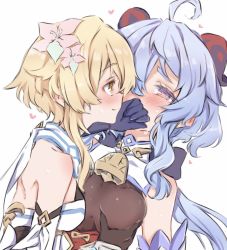Rule 34 | 2girls, ahoge, bare shoulders, bell, blonde hair, blue gloves, blue hair, blush, breasts, covering own mouth, detached sleeves, flower, ganyu (genshin impact), genshin impact, gloves, grabbing, grabbing another&#039;s breast, hair flower, hair ornament, heart, highres, horns, long hair, looking at another, lumine (genshin impact), medium breasts, multiple girls, neck bell, nwon&#039;yo pasun, purple eyes, sidelocks, smile, sweat, upper body, white background, white flower, white sleeves, yellow eyes, yuri
