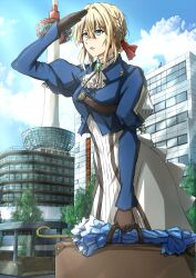 Rule 34 | 1girl, ascot, black gloves, blonde hair, blue eyes, blue jacket, blue sky, bolo tie, braid, briefcase, brooch, building, cloud, cloudy sky, day, dress, gloves, hair ribbon, high collar, highres, holding, holding briefcase, jacket, jewelry, juliet sleeves, kyoto tower, long dress, long sleeves, looking to the side, omachi (slabco), open mouth, outdoors, puffy sleeves, red ribbon, ribbon, shading eyes, short hair, sky, solo, umbrella, violet evergarden, violet evergarden (series), white ascot, white dress