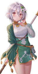 Rule 34 | 1girl, antenna hair, belt, blush, breasts, bridal gauntlets, brown belt, closed mouth, commentary, dress, elf, gold trim, green dress, hair between eyes, hand up, highres, holding, holding staff, kokkoro (princess connect!), pointy ears, pouch, princess connect!, see-through, see-through sleeves, seungju lee, short hair, silver hair, simple background, single bare shoulder, small breasts, solo, staff, thighs, white background, white dress