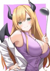 Rule 34 | 1girl, bare shoulders, bat tattoo, blonde hair, blouse, blush, breast tattoo, breasts, cleavage, demon girl, demon horns, demon wings, green eyes, hair between eyes, hand on own hip, highres, holding, holding ladle, hololive, horn ornament, horns, lab coat, ladle, large breasts, long hair, looking at viewer, menmen (menmen13s), off-shoulder jacket, off shoulder, pink shirt, pointy ears, shirt, sleeveless, sleeveless shirt, smile, solo, tattoo, upper body, virtual youtuber, wings, yuzuki choco, yuzuki choco (1st costume)
