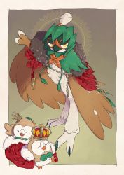 Rule 34 | animal focus, beak, bird, cape, closed mouth, commentary, creatures (company), crown, decidueye, closed eyes, game freak, gen 7 pokemon, clothed pokemon, highres, nintendo, no humans, owl, pkpokopoko3, pokemon, pokemon (creature), red cape, red pupils, rowlet, standing, talons, yellow eyes