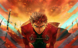 Rule 34 | 1boy, archer (fate), fate/stay night, fate (series), gradient background, hakkasame, male focus, multicolored hair, orange hair, solo, two-tone hair, unlimited blade works (fate), yellow eyes