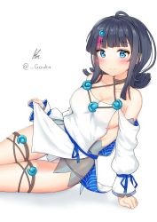 Rule 34 | 1girl, absurdres, bare shoulders, black hair, blue eyes, blue ribbon, blush, breasts, collarbone, dress, fate/grand order, fate/requiem, fate (series), fundoshi, gouka, hair ornament, highres, japanese clothes, jewelry, large breasts, long sleeves, magatama, magatama hair ornament, medium hair, multicolored hair, necklace, panties, pelvic curtain, puffy long sleeves, puffy sleeves, red hair, ribbon, short dress, sideboob, sideless outfit, sidelocks, sitting, streaked hair, thighs, two-sided fabric, two-sided skirt, underwear, utsumi erice, white dress
