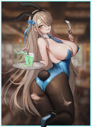 Rule 34 | 1girl, absurdres, animal ears, ass, asuna (blue archive), asuna (bunny) (blue archive), black footwear, black hairband, blue archive, blue bow, blue eyes, blue leotard, blue necktie, blush, border, bow, breasts, brown pantyhose, commentary request, cup, detached collar, drinking straw, extra ears, fake animal ears, from behind, gg amang, grin, hair bow, hair over one eye, hairband, high heels, highres, holding, holding tray, indoors, large breasts, leotard, light brown hair, long hair, looking back, mole, mole on breast, necktie, pantyhose, playboy bunny, rabbit ears, rabbit tail, smile, solo, standing, standing on one leg, tail, torn clothes, torn pantyhose, tray, twisted torso, very long hair