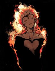 Rule 34 | 1boy, bare shoulders, black background, blonde hair, burning, closed mouth, clothing cutout, collarbone, curly hair, earrings, eyelashes, fire, frown, giorno giovanna, hair between eyes, head tilt, heart cutout, highres, jewelry, jojo no kimyou na bouken, long hair, looking at viewer, male focus, necklace, pinggup, red hair, simple background, solo, upper body, vento aureo