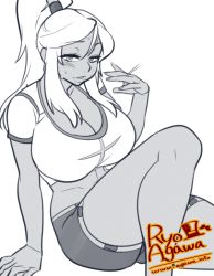 Rule 34 | 1girl, agawa ryou, artist name, ass, breasts, cleavage, dark skin, dark-skinned female, female focus, large breasts, long hair, looking at viewer, midriff, monochrome, shirt, shorts, simple background, sitting, solo, spot color, watermark, web address
