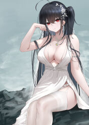 Rule 34 | 1girl, absurdres, ahoge, arm strap, azur lane, backless dress, backless outfit, bare shoulders, black hair, breasts, center opening, cleavage, cocktail dress, dress, earrings, evening gown, feet out of frame, garter straps, hair between eyes, hair ornament, highres, jewelry, large breasts, lilin (pixiv 25958194), long hair, looking at viewer, official alternate costume, panties, pantyshot, plunging neckline, red eyes, rock, satin dress, see-through, see-through dress, sitting, sitting on rock, sleeveless, sleeveless dress, solo, taihou (azur lane), taihou (temptation on the sea breeze) (azur lane), thighhighs, underwear, very long hair, white dress, white garter straps, white panties, white thighhighs, yellow gemstone