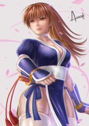 Rule 34 | 1girl, amasaki yusuke, breasts, dead or alive, highres, kasumi (doa), large breasts, long hair, pelvic curtain, petals, ponytail, sword, thighs, weapon