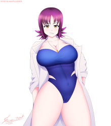 Rule 34 | 1girl, 2021, bare legs, blue one-piece swimsuit, breasts, brown eyes, cleavage, covered navel, creatures (company), curvy, dated, game freak, highleg, highleg swimsuit, icias-art, jewelry, lab coat, large breasts, looking at viewer, narrow waist, nintendo, one-piece swimsuit, philena ivy, pokemon, pokemon (anime), pokemon (classic anime), purple hair, short hair, smile, solo, standing, strapless, swimsuit, thick thighs, thighs, wide hips