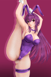 Rule 34 | 1girl, animal ears, blush, choker, cleft of venus, covered erect nipples, fake animal ears, fate/grand order, fate (series), fishnet pantyhose, fishnets, hair intakes, highres, leotard, nekohane ryou, official alternate costume, pantyhose, playboy bunny, purple hair, rabbit ears, red eyes, scathach (fate), scathach (piercing bunny) (fate), skindentation, smile, solo, split, spread legs, standing, standing on one leg, standing split, thigh strap, wrist cuffs