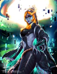 Rule 34 | 1girl, ass, ass grab, breasts, chromatic aberration, colored sclera, colored skin, covered erect nipples, eyeshadow, grabbing own ass, grey skin, hand on own hip, highres, javier estrada, large breasts, lipstick, looking at viewer, looking back, makeup, midna, midna (true), nintendo, orange hair, purple lips, red eyes, reivash, solo, the legend of zelda, the legend of zelda: twilight princess, yellow sclera