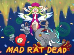 Rule 34 | 1girl, 2boys, animal ears, blush stickers, breasts, ear tag, gloves, green hair, hat, heart (mad rat dead), leotard, mad rat, mad rat dead, mouse (animal), mouse ears, mouse girl, mouse tail, multiple boys, nippon ichi, rat god, red eyes, stitches, tail, tie clip, top hat, wings, wrist cuffs