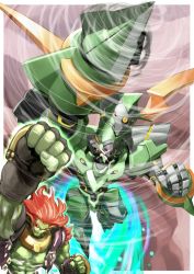 Rule 34 | 1boy, clenched hand, clenched hands, colored skin, fingerless gloves, gloves, glowing, glowing eye, green skin, highres, long hair, male focus, mecha, muscular, raised fist, red eyes, red hair, ricardo banderas, robot, solo, stier, topless male, urara (urara-nya), xenogears