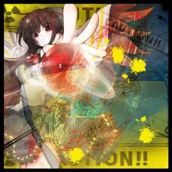 Rule 34 | 1girl, :d, abstract, black hair, blouse, bow, brown hair, cape, caution, energy ball, female focus, frills, gem, long hair, looking at viewer, nmaaaaa, open mouth, radiation symbol, red eyes, reiuji utsuho, shirt, skirt, smile, solo, teeth, third eye, touhou, wings