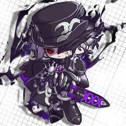 1boy black_boots black_cape black_fire black_gloves black_hair black_hat black_mask boots cape chibi closed_mouth commentary cracked_skin drop_shadow edmond_dantes_(fate) empty_eyes expressionless fate/grand_order fate_(series) fire frown full_body gauntlets gloves gradient_hair grey_hair half_mask hat highres holding holding_sword holding_weapon long_sleeves looking_at_viewer male_focus mask multicolored_hair outstretched_arm pale_skin purple_fire red_eyes sheath sheathed short_hair side_cape single_gauntlet solo standing sword the_count_of_monte_cristo_(fate) the_count_of_monte_cristo_(first_ascension)_(fate) top_hat uwu_illust214 weapon