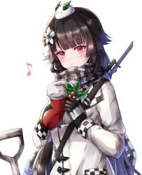 Rule 34 | 1girl, bad id, bad pixiv id, black hair, blush, closed mouth, coat, flower, gift, girls&#039; frontline, gun, gun on back, hair flower, hair ornament, highres, holding, holding gift, jacket, kogarashi kon, long hair, looking at viewer, musical note, musical note print, official alternate costume, plaid, plaid scarf, red eyes, scarf, solo, submachine gun, type 100 (girls&#039; frontline), type 100 (treasure buried deep within) (girls&#039; frontline), type 100 smg, upper body, weapon, weapon on back, white coat, white jacket