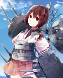 Rule 34 | 10s, 1girl, armor, bad id, bad pixiv id, brown eyes, brown hair, cannon, hyuuga (kancolle), kantai collection, looking at viewer, short hair, skirt, smile, solo, uiroutsuji yumihiko