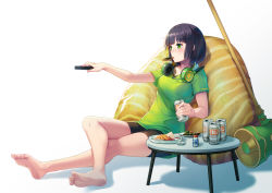 Rule 34 | 1girl, barefoot, beer can, black hair, blush, can, controller, drink can, feet, green eyes, headphones, headphones around neck, highres, kyoumachi seika, medium hair, remote control, shorts, soles, toes, voiceroid