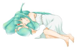 Rule 34 | 1girl, animal ears, bad id, bad pixiv id, barefoot, blue hair, carbuncle (final fantasy), closed eyes, dress, facial mark, feet, final fantasy, forehead mark, full body, long hair, lying, on side, original, pen (pen3), personification, simple background, sleeping, solo, tail, white background