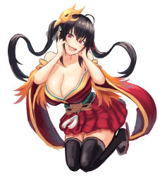 Rule 34 | 1girl, :d, ahoge, azur lane, bare shoulders, black hair, black thighhighs, breasts, cleavage, collarbone, crossed bangs, full body, furrowed brow, hair between eyes, hair ribbon, hakama, hakama short skirt, hakama skirt, hands on own face, hands up, japanese clothes, kimono, large breasts, mask, mask on head, moppo, obi, off shoulder, open mouth, red eyes, red kimono, red ribbon, ribbon, sash, short kimono, simple background, skirt, smile, solo, striped ribbon, taihou (azur lane), thighhighs, twintails, white background, wide sleeves, zettai ryouiki