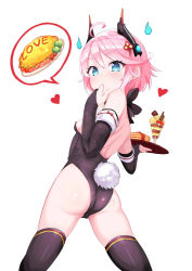 Rule 34 | 1girl, ahoge, ass, atg (wttoo0202), black thighhighs, breasts, english text, fake tail, female focus, finger in own mouth, finger to mouth, food, hair between eyes, hair ornament, heart, holding, holding plate, ice cream, legs apart, leotard, looking at viewer, looking back, omelet, omurice, original, pancake, pancake stack, plate, playboy bunny, rabbit tail, shiny skin, simple background, small breasts, solo, speech bubble, standing, tail, thighhighs, wafer stick, white background