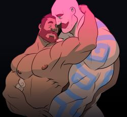 Rule 34 | 2boys, abs, absurdres, alternate skin color, arm tattoo, bald, bara, beard, biceps, blue tattoo, braum (league of legends), cheschirebacon, completely nude, couple, dark-skinned male, dark skin, facial hair, graves (league of legends), hair slicked back, hand on another&#039;s crotch, hand on another&#039;s neck, hand on another&#039;s waist, highres, interracial, large pectorals, league of legends, male focus, mature male, multiple boys, muscular, muscular male, mustache, nipples, non-web source, nude, out-of-frame censoring, pectorals, short hair, size difference, stomach, tattoo, thick eyebrows, twitter banner, yaoi
